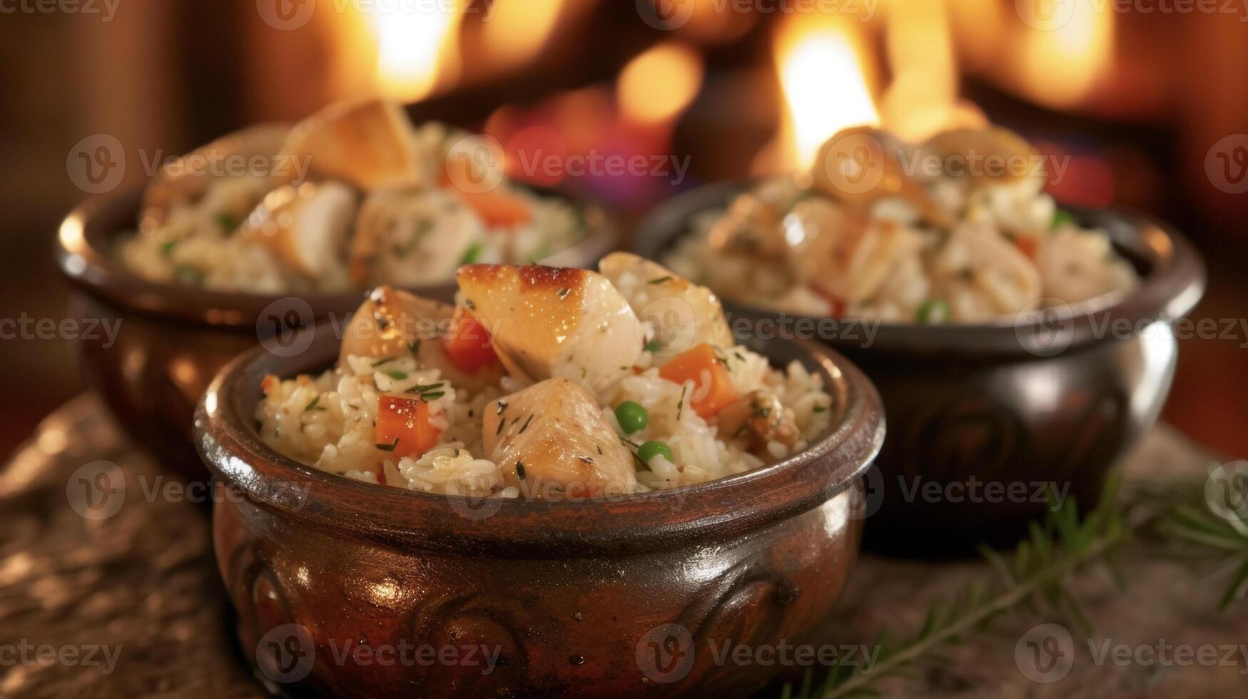 estos miniatura ceroles son lleno de grande sabor servido en un pintoresco hogar con parpadeando llamas en el antecedentes. tamaño bocado piezas de pollo verduras y un cremoso salsa Arkansas foto