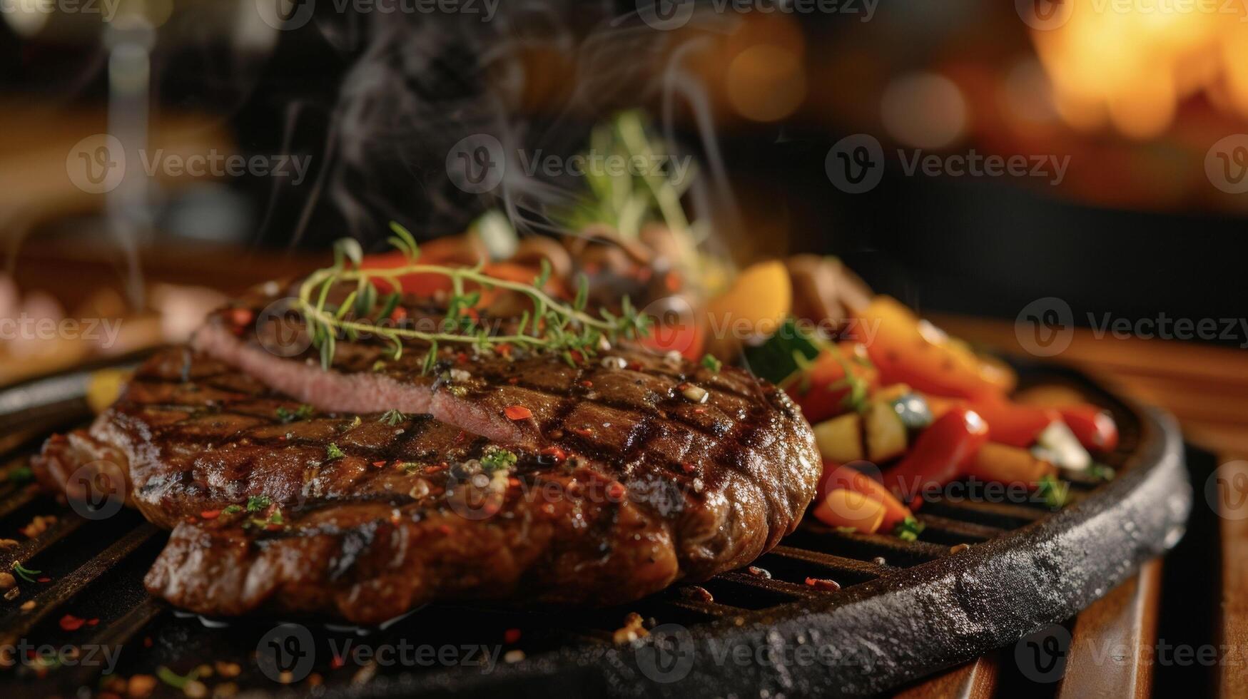 A hearty dish of grilled steak still smoking from the open hearth paired with a warmly roasted vegetable medley a perfect balance of smoky and savory photo