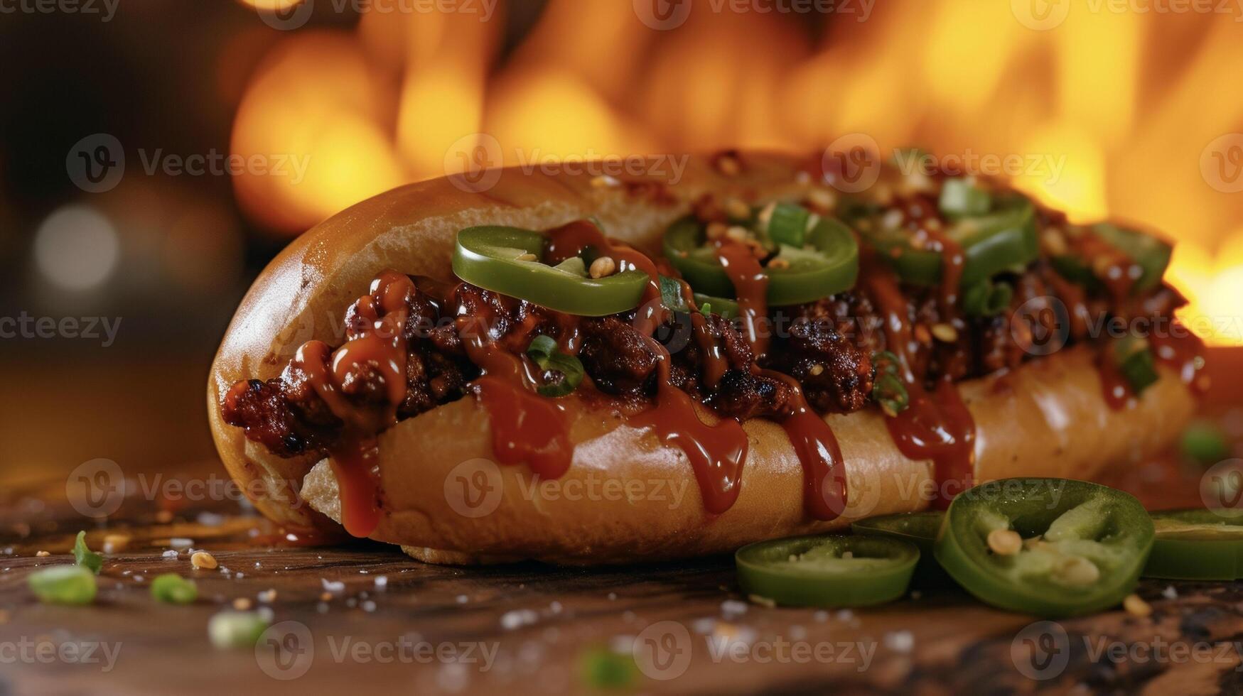 The clic chili dog gets a fiery twist with an extra kick of heat from roasted jalapenos and a generous drizzle of fiery hot sauce all accompanied by the crackle of flame photo