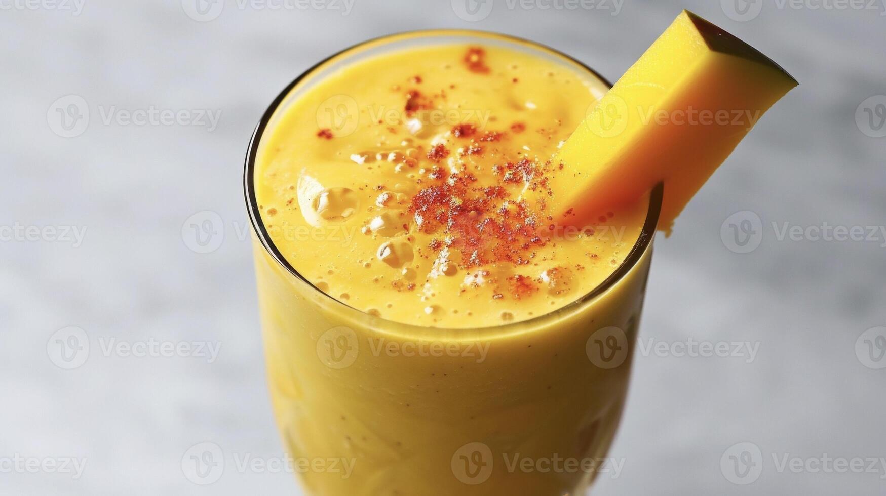 complacer en un refrescante verano tratar con esta y mango zalamero muy lleno con tropical sabores y coronado apagado con un ardiente mango cuña para un extra patada foto