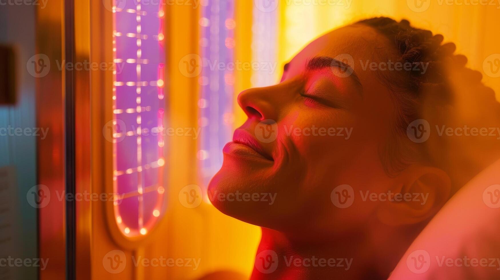 A woman taking a break from a busy day to relax and detox in an infrared sauna as part of her personalized cleanse program. photo