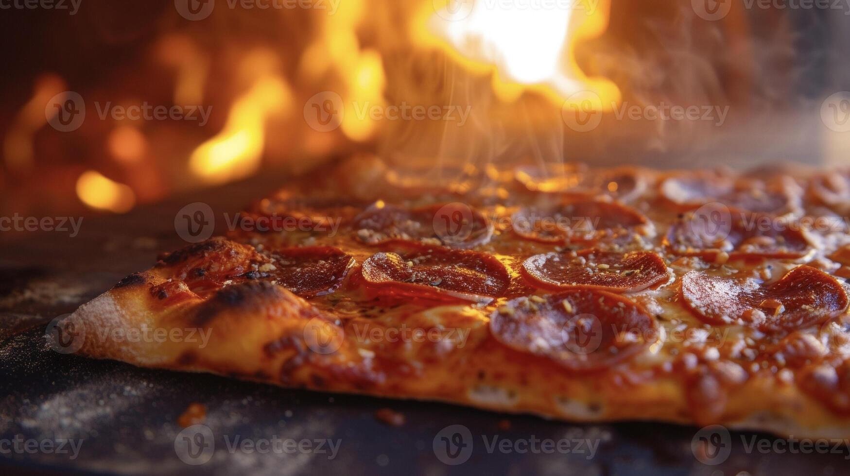Glistening pepperoni slices sizzle atop a perfectly cooked pizza slice surrounded by the smoky backdrop of a woodfired oven photo