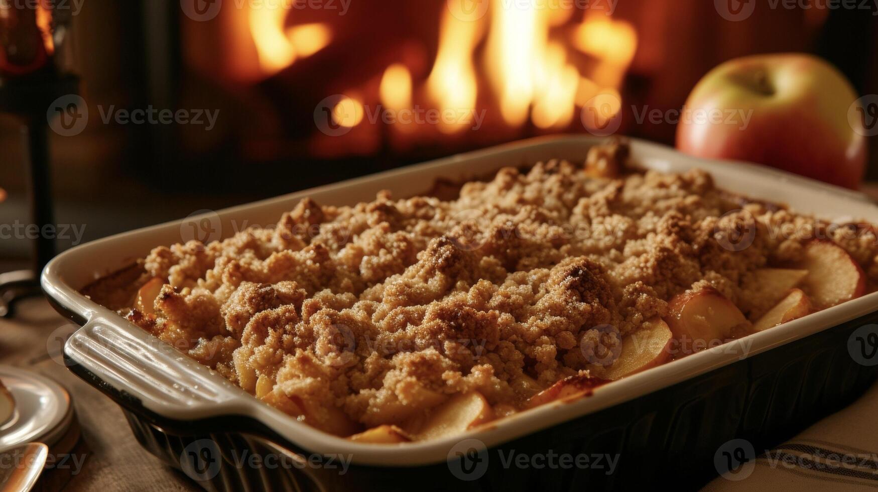 el Perfecto otoño postre nuestra casero manzana crujiente combina tarta manzanas con un crujiente dorado Adición todas horneado juntos en el calor de un rugido hogar foto