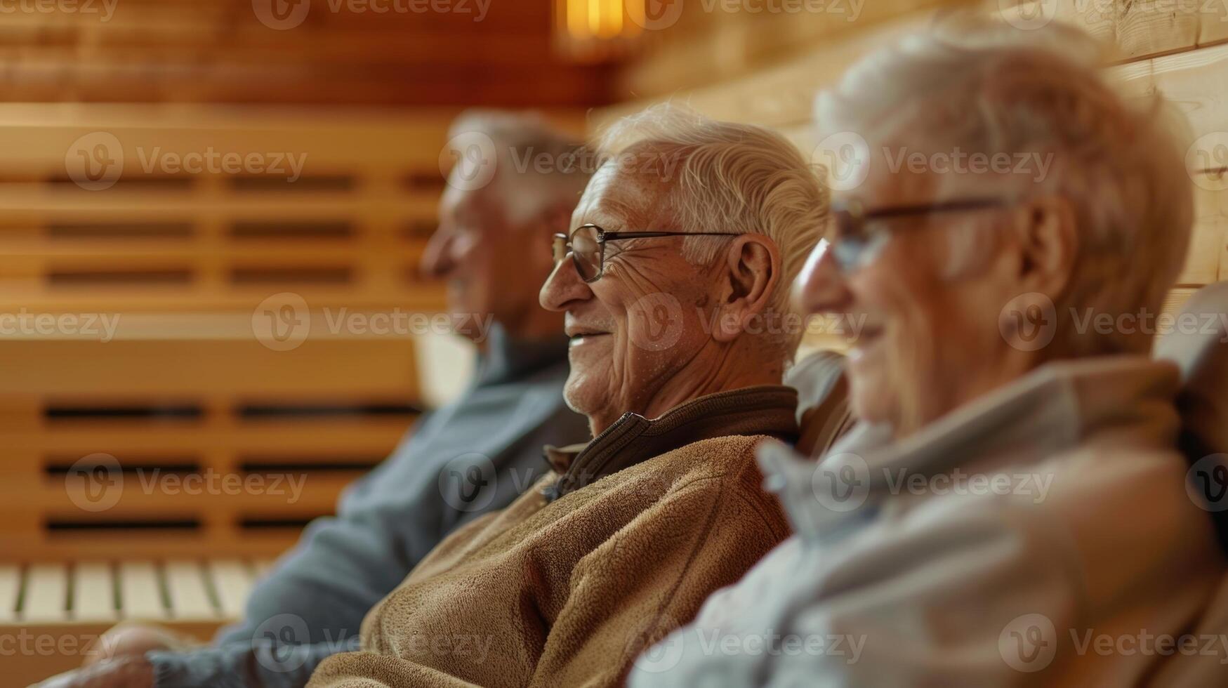 A group of elderly friends enjoying a relaxing sauna session together thanks to the availability of spacious seating and ample room for maneuvering. photo