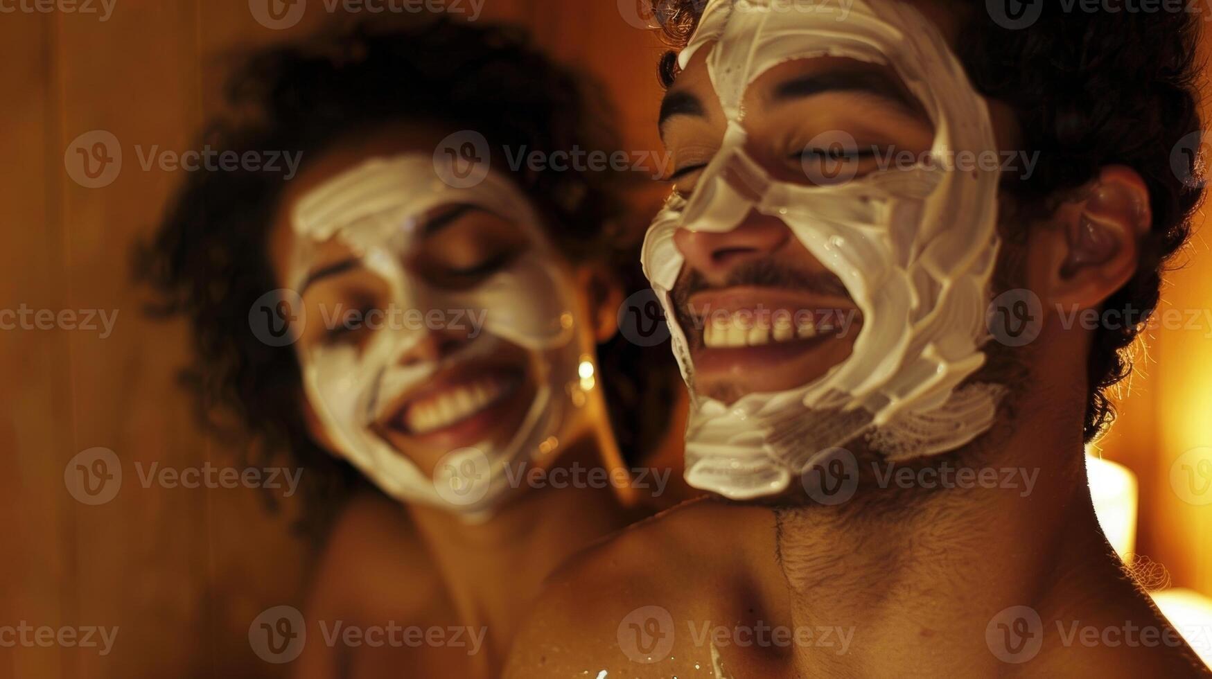 A couple smiles as they apply face masks while indulging in a relaxing sauna session. photo