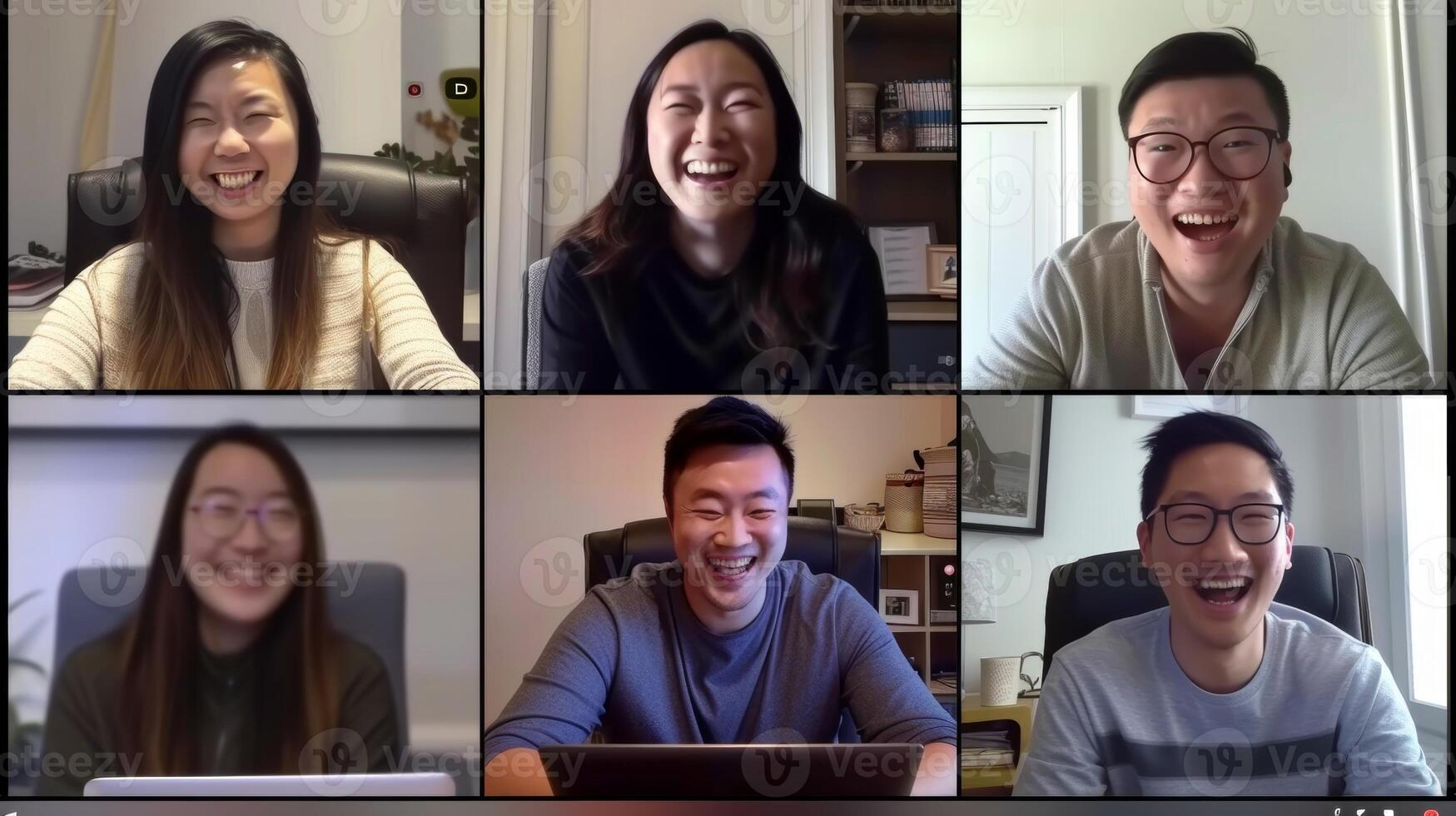 A group of friends chatting and laughing in a call while participating in a virtual sauna session together. photo