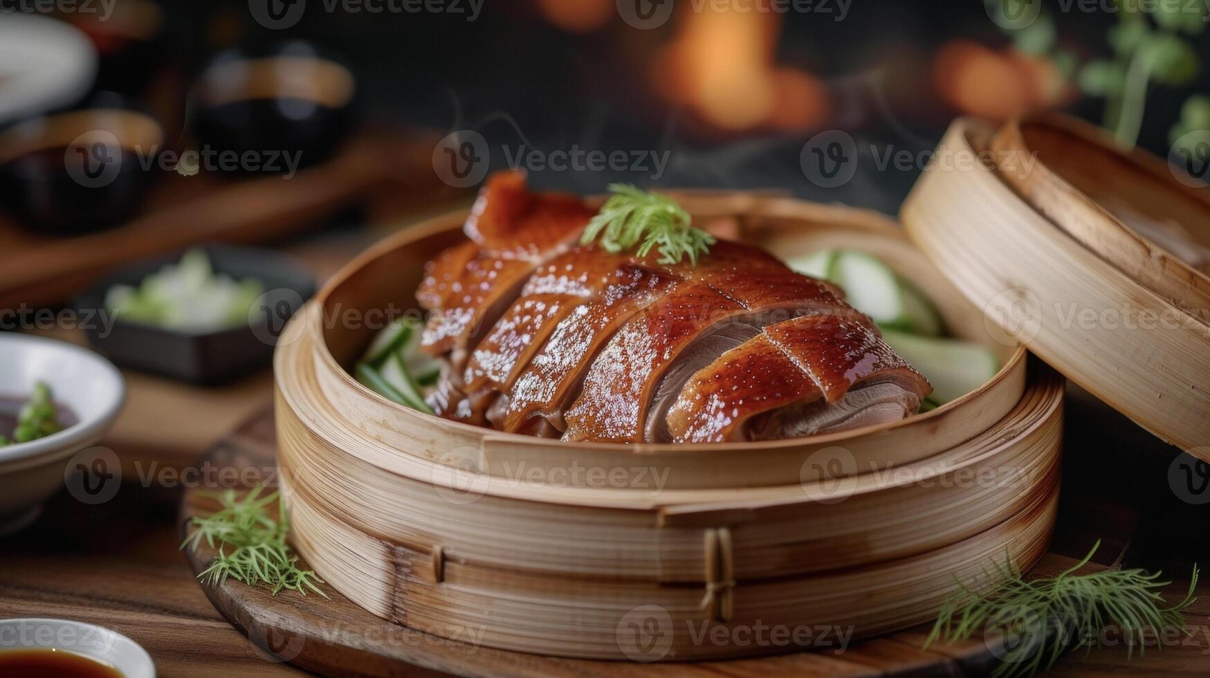 Indulge in the rich savory flavors of Peking duck expertly roasted and served with homemade pancakes hoisin sauce and fresh cucumber. The flickering fire in the backdrop set photo