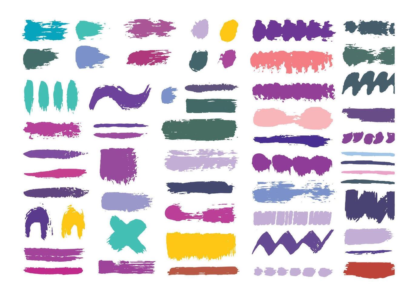 Abstract rough ink brush strokes element bundle. Simple paint strokes texture template. Grunge brushes design for artistic illustration. Colored lines and blocks design. vector