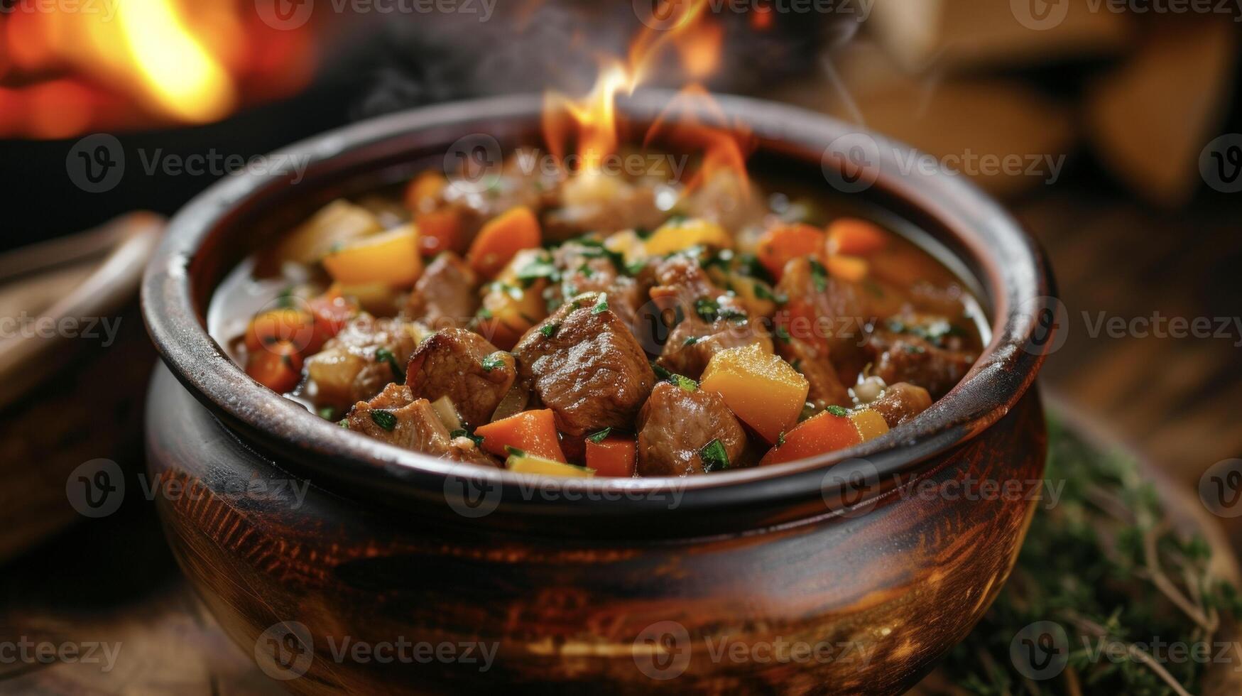 A rustic bowl of stew featuring a rich broth filled with hearty chunks of meat and a medley of colorful vegetables ready to warm you up on a chilly evening by the fire photo