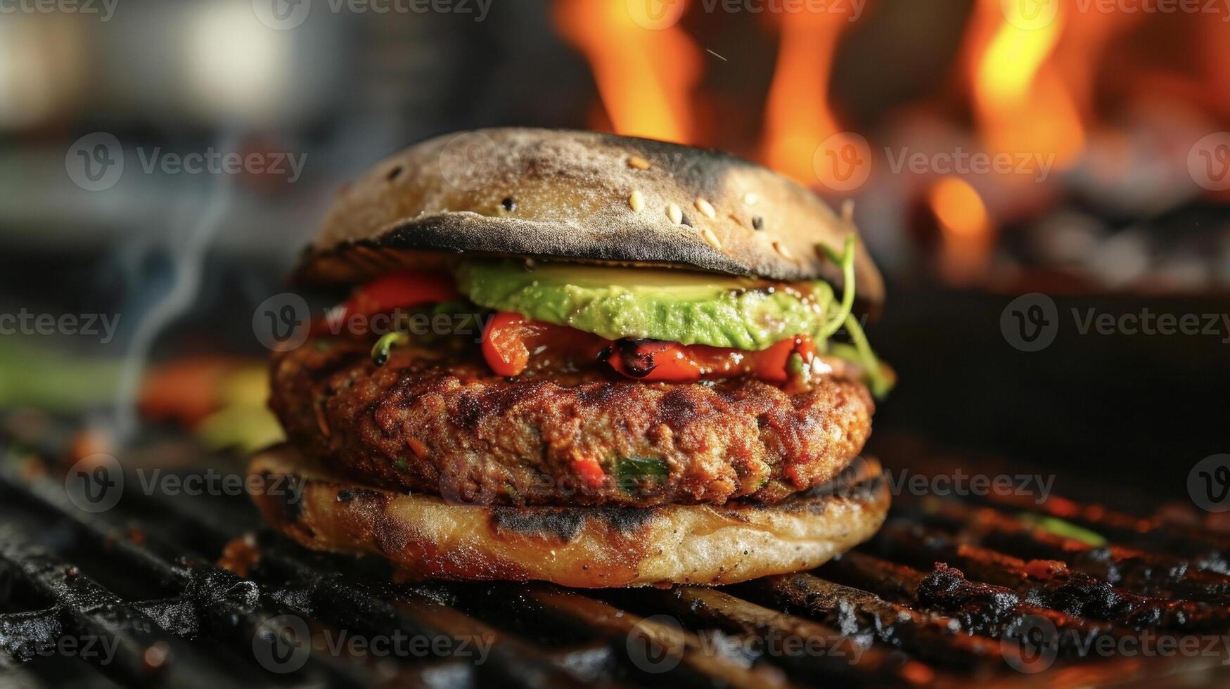 A plantbased patty sizzles on the grill exuding a smoky aroma as it cooks to perfection. Served on a flamegrilled whole wheat bun it is topped with avocado roasted bell pepper photo