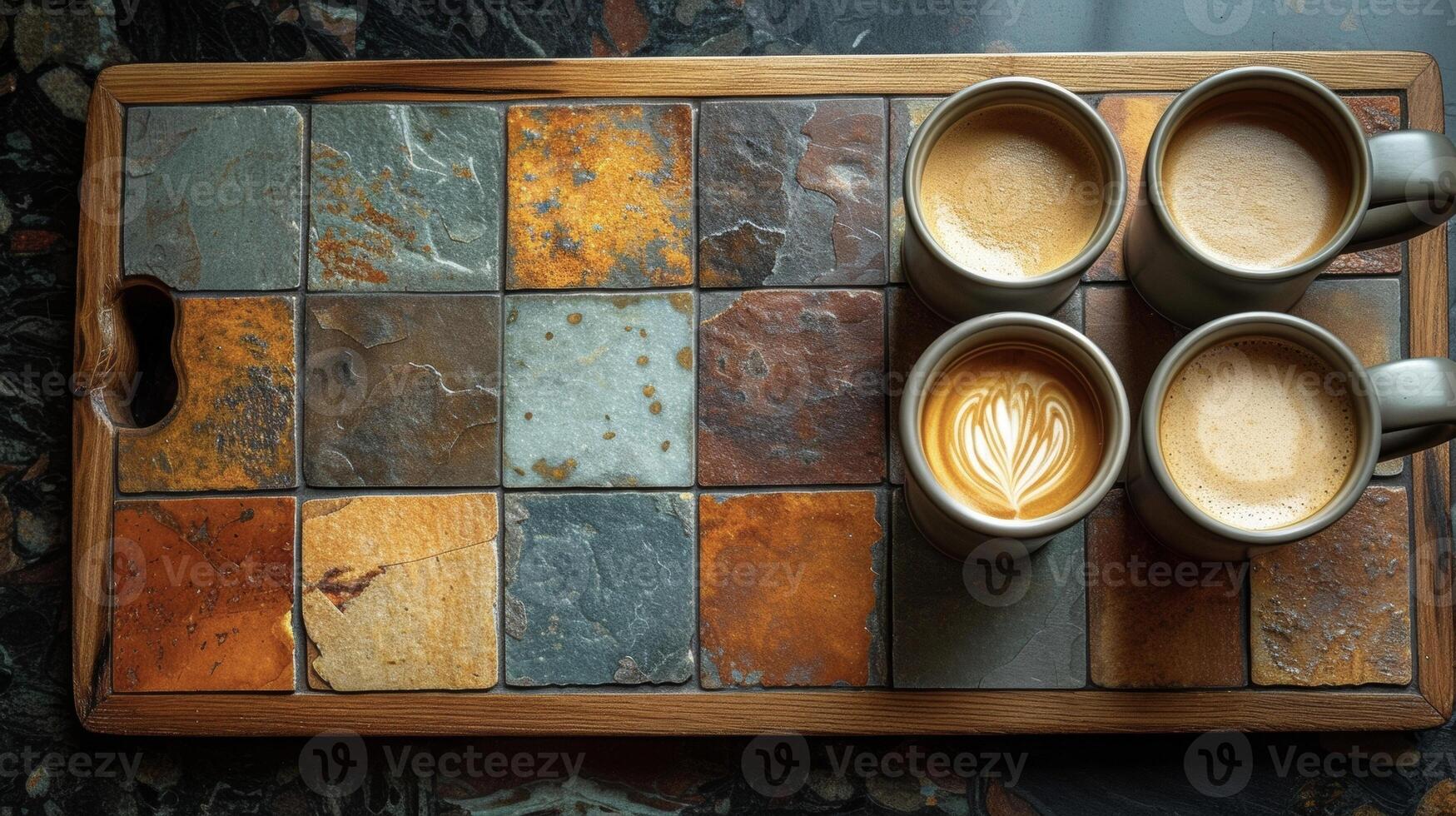 A topdown image of a tiled kitchen countertop with a freshly applied layer of grout shining between each tile and adding a touch of sophistication to the space photo