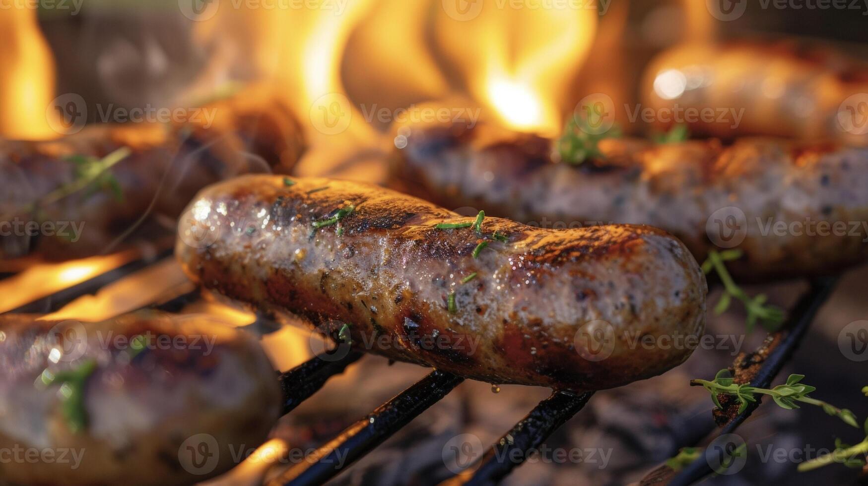 el parrilla es viva con llamas como estos negrita y y salchichas chisporrotear y carbonizarse a perfección. el calor es irresistible y será salir usted falto más foto