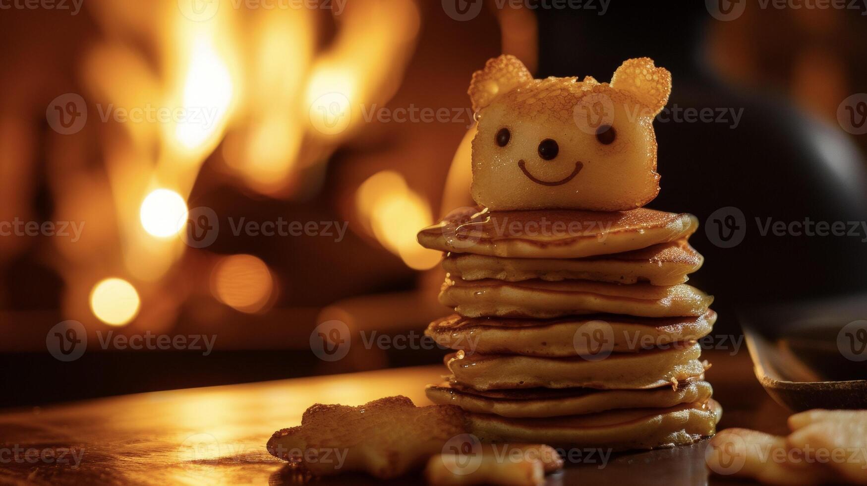 asentar en para un reconfortante desayuno con esta apilar de panqueques conformado dentro el más adorable criaturas tienes nunca visto. el fuego rugido en el antecedentes agrega a th foto