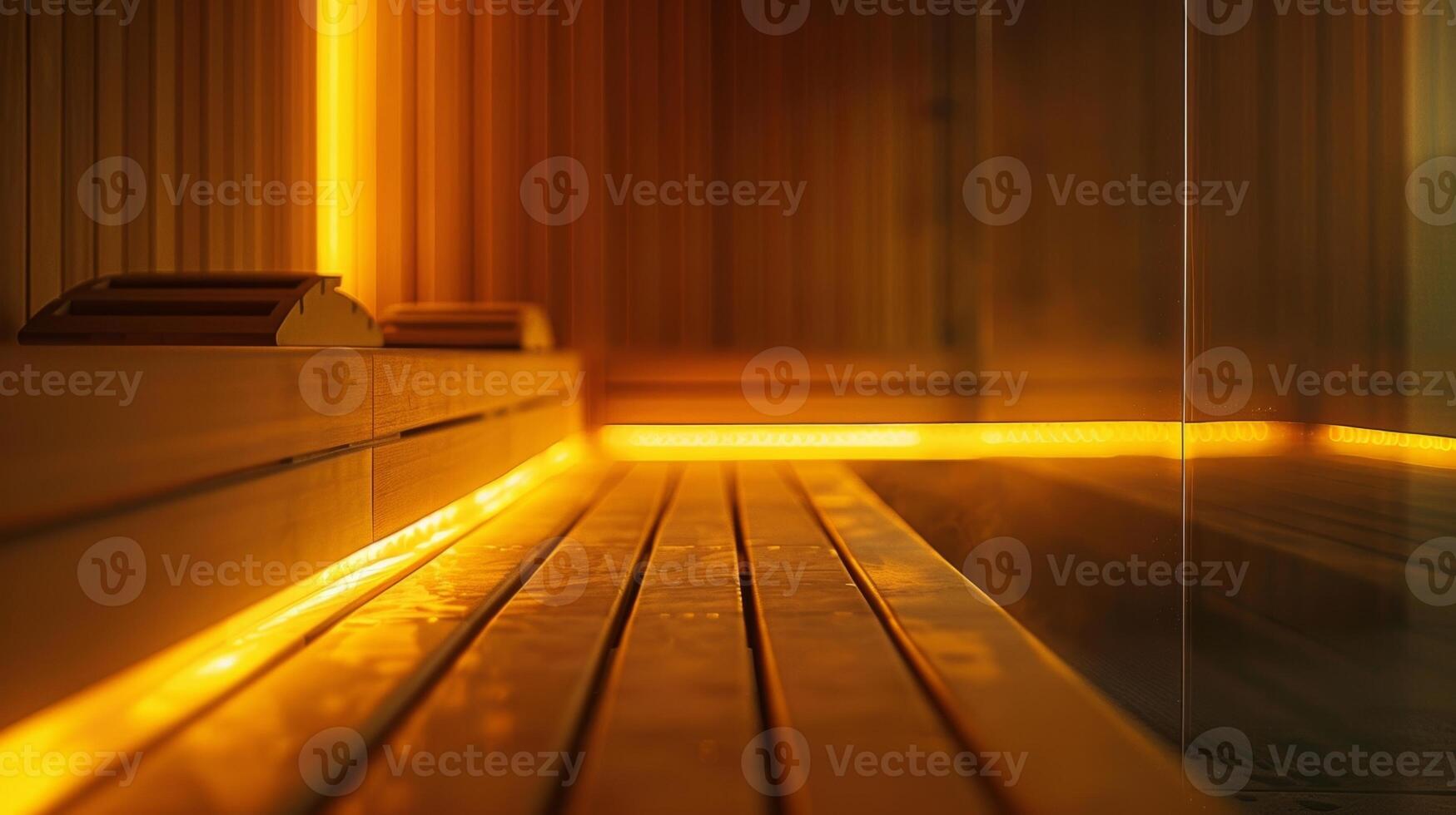 A sauna session with dim lights and soft music playing in the background creating a calming and tranquil atmosphere that can help to alleviate fatigue and restore inner balance. photo