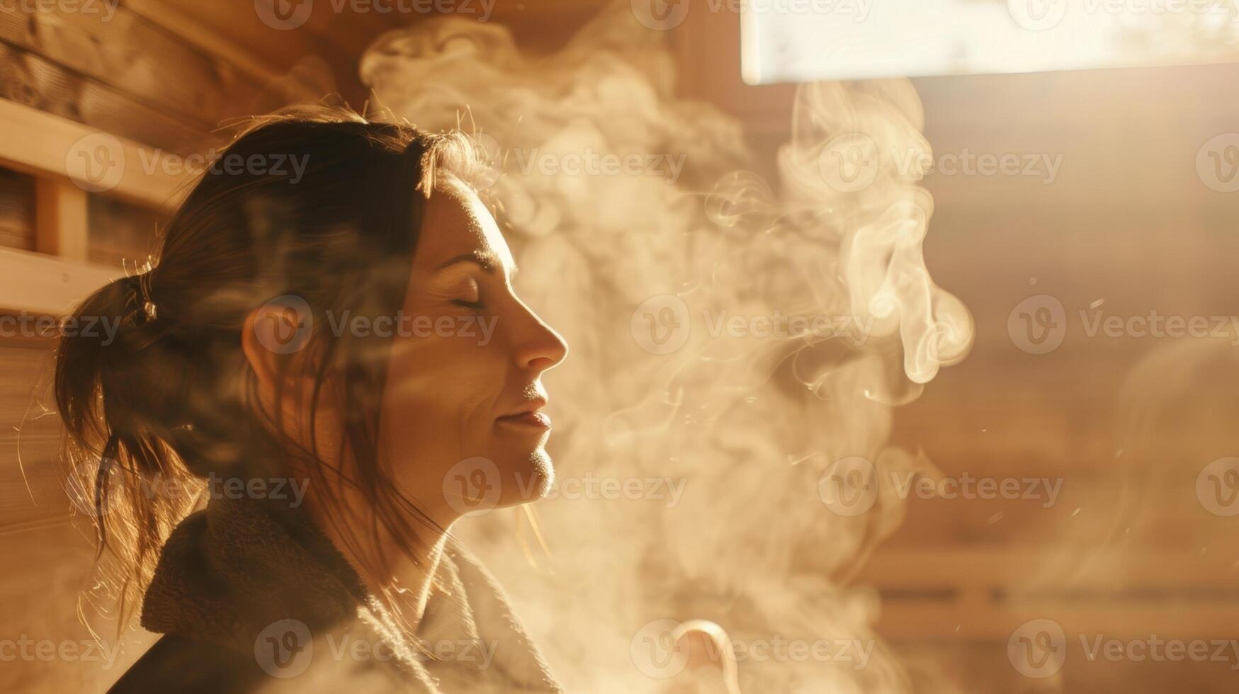 A woman performing a yoga pose inside the sauna using the heat and steam to enhance the benefits of her alternative medicine practice. photo