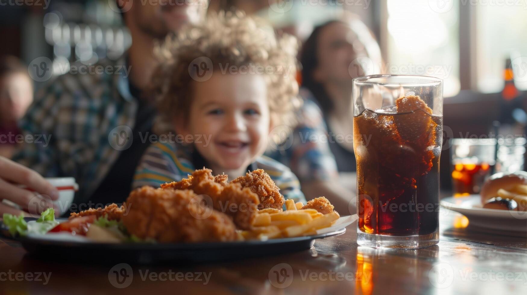 A toddler happily munching on a chicken tenders platter while their parents enjoy a cold soda at the bar photo