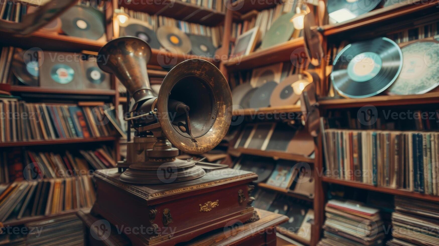 An antique gramophone surrounded by shelves of vinyl records awaiting their turn to be played photo