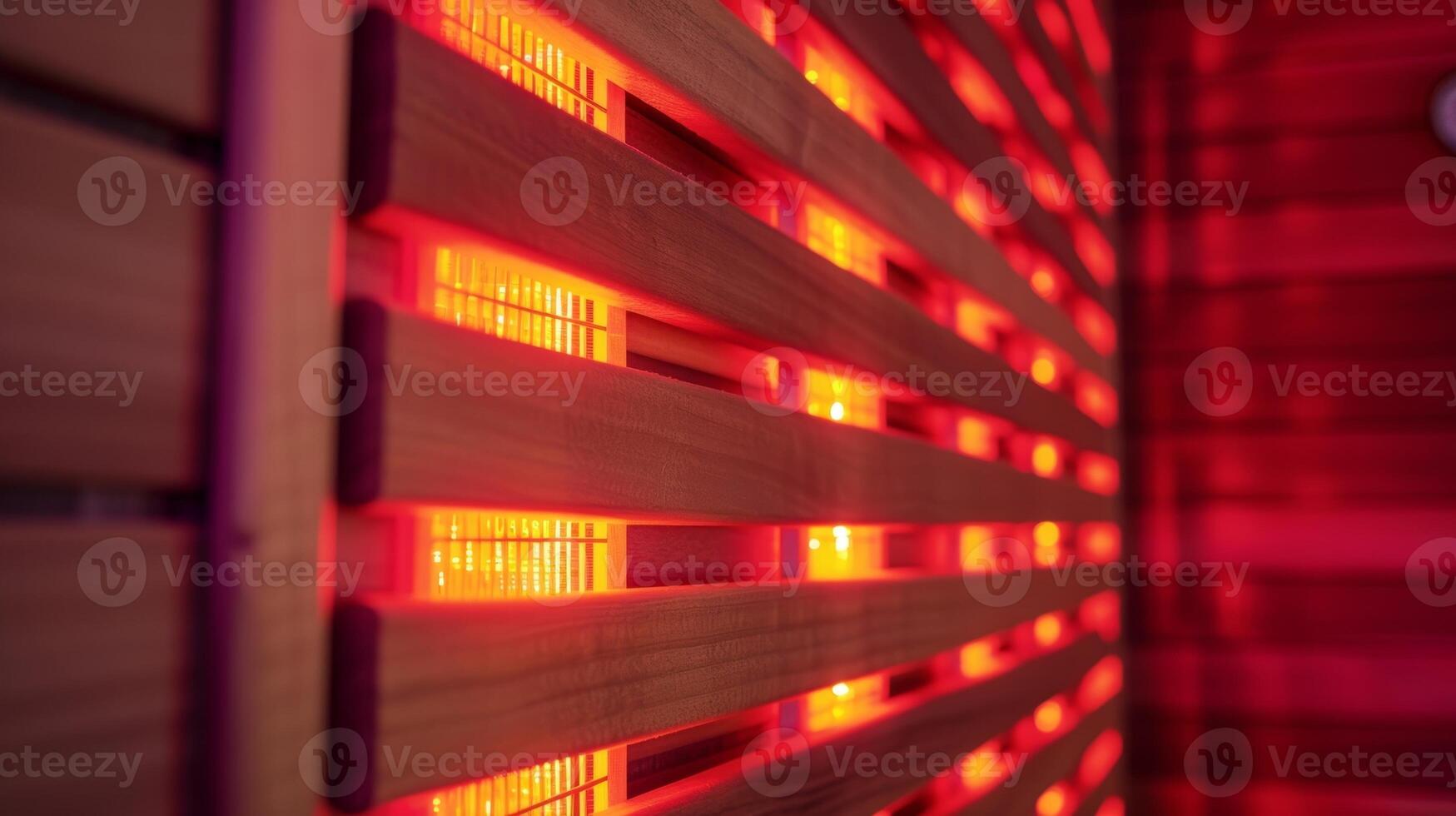 A closeup of a sauna panel demonstrating the red glow of the infrared light and its ability to trate the body for deep relaxation. photo