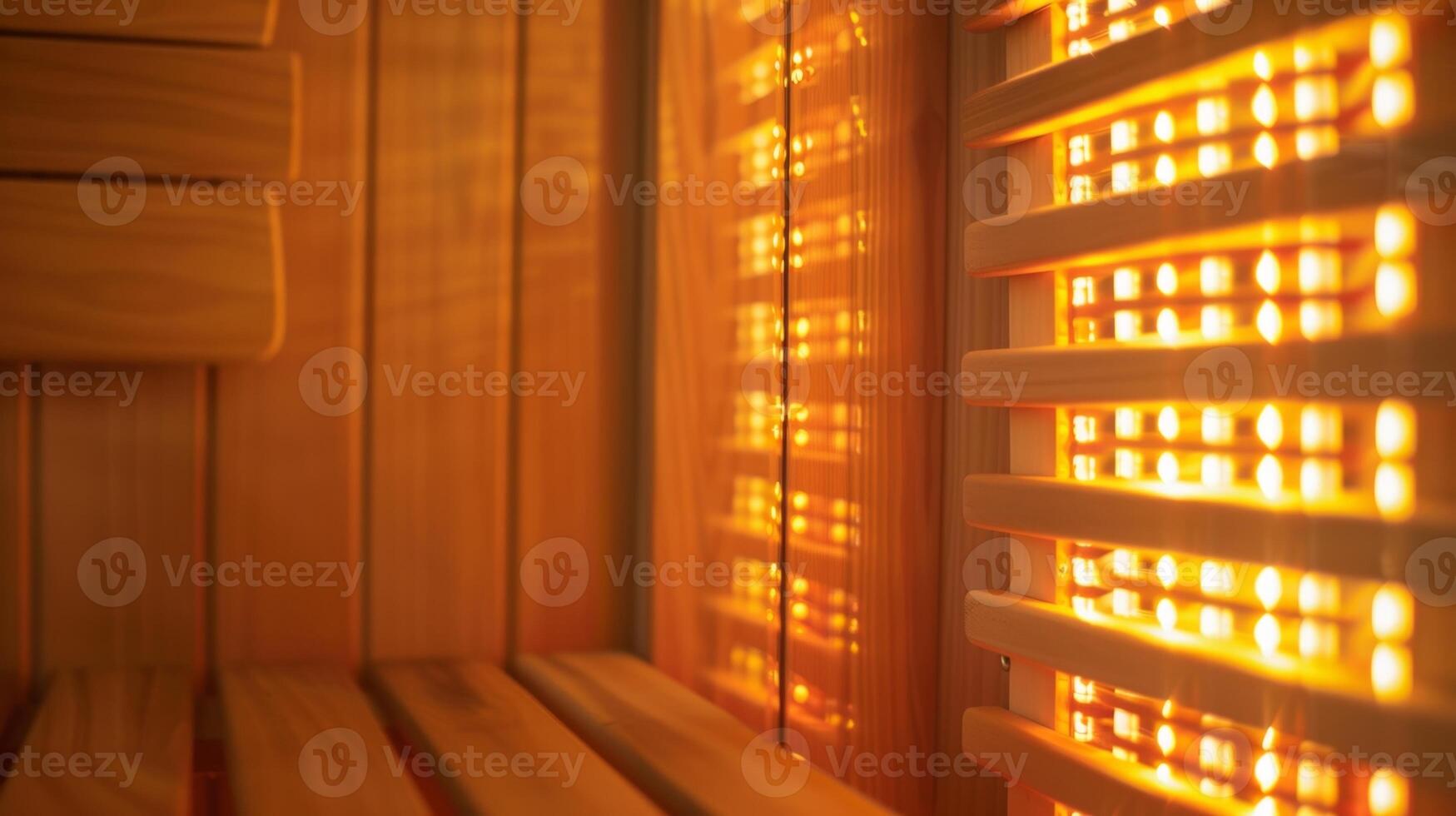A closeup of the infrared light panel inside the sauna emitting a soft glow that is said to trate deep into the bodys tissues and promote healing. photo