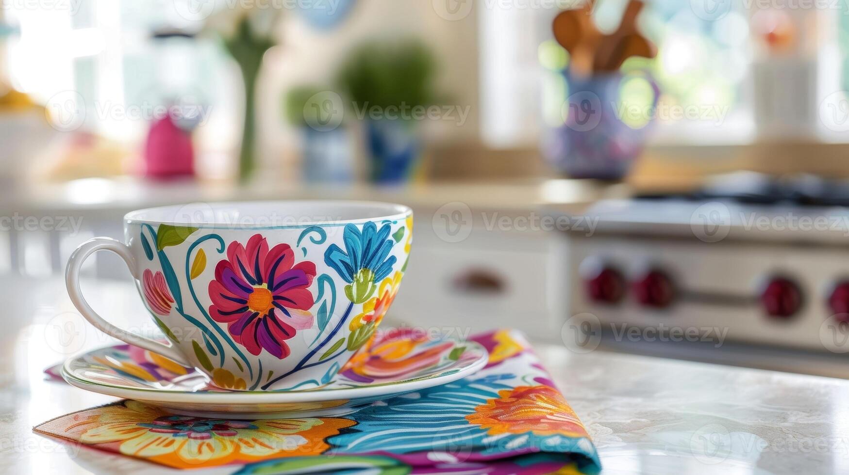 A closeup of a handpainted ceramic s rest in vibrant floral patterns adding a pop of color to a neutral kitchen. photo