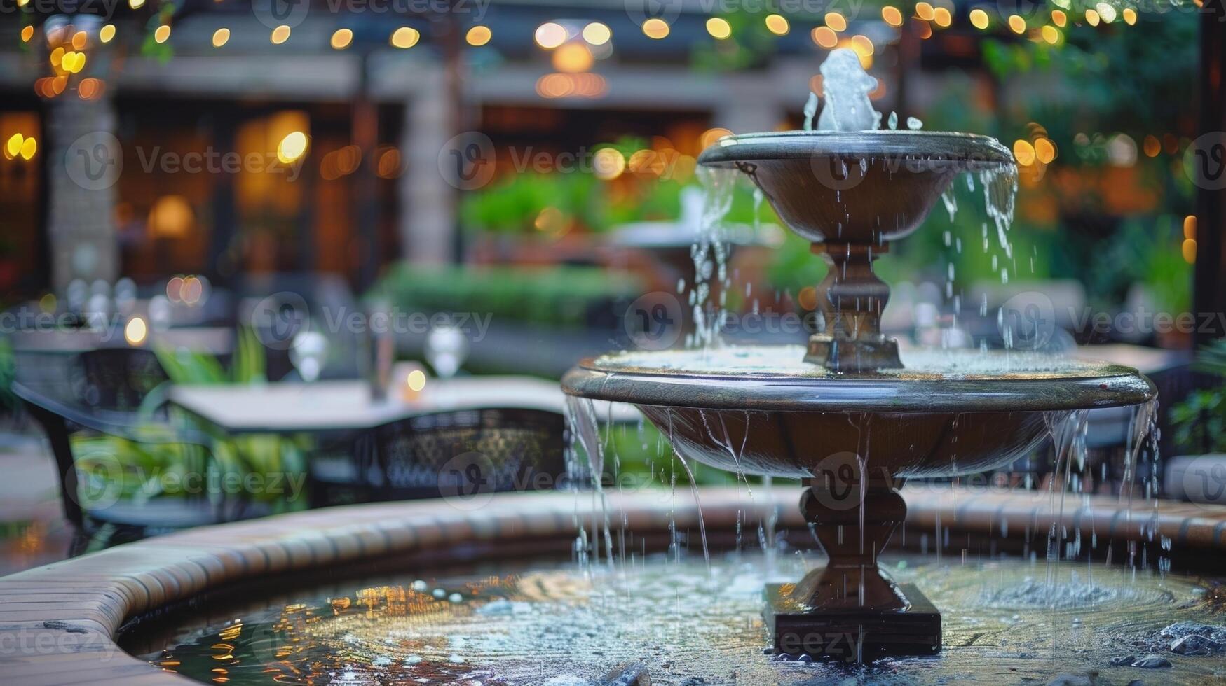 An elegant outdoor dining area featuring a circular water fountain with fire jets shooting up from the middle. 2d flat cartoon photo