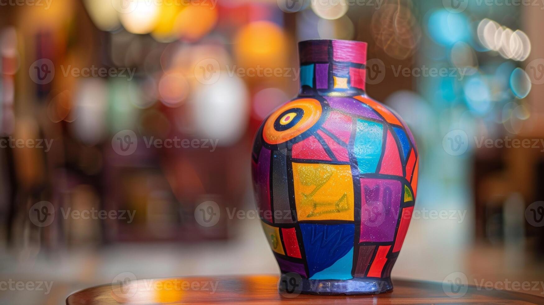 A ceramic vase painted with a bold and abstract design featuring a combination of vibrant colors and geometric shapes. photo