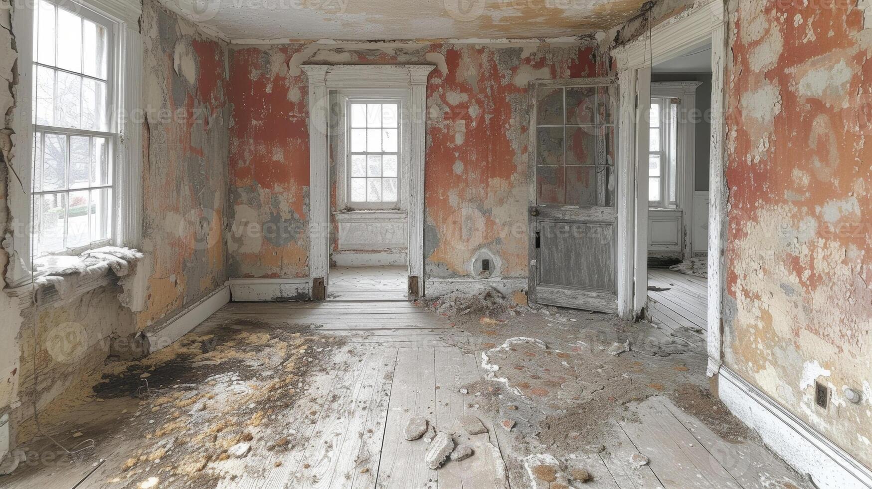 A photograph of a room undergoing wallpaper removal showing the messy process of peeling away old wallpaper photo