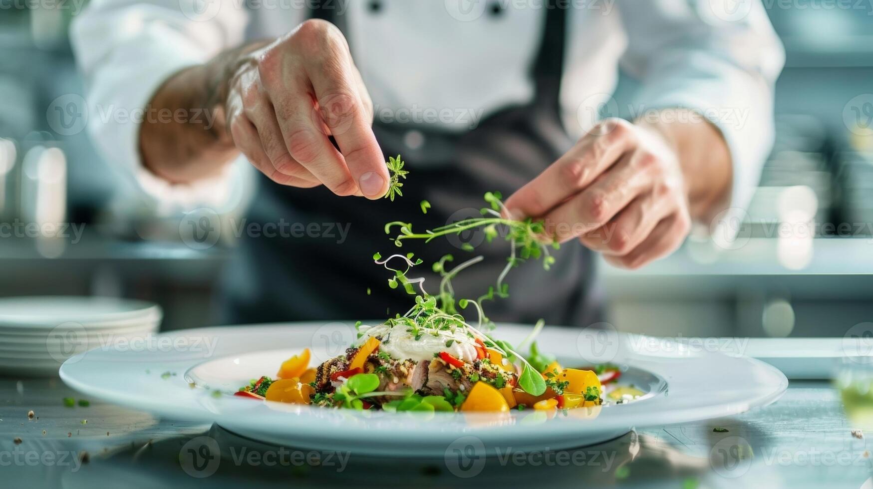 A man sprinkling herbs onto a beautifully plated dish photo