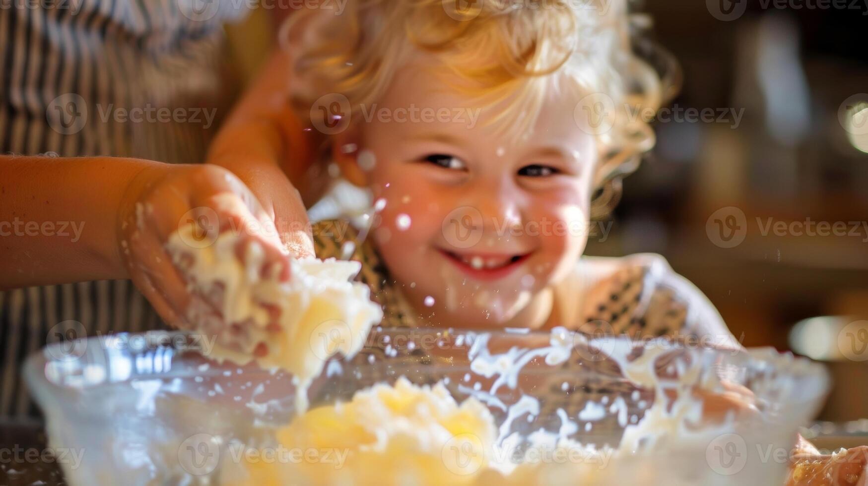 The joy on a childs face as they help stir the soap mixture learning the craft from their parent photo