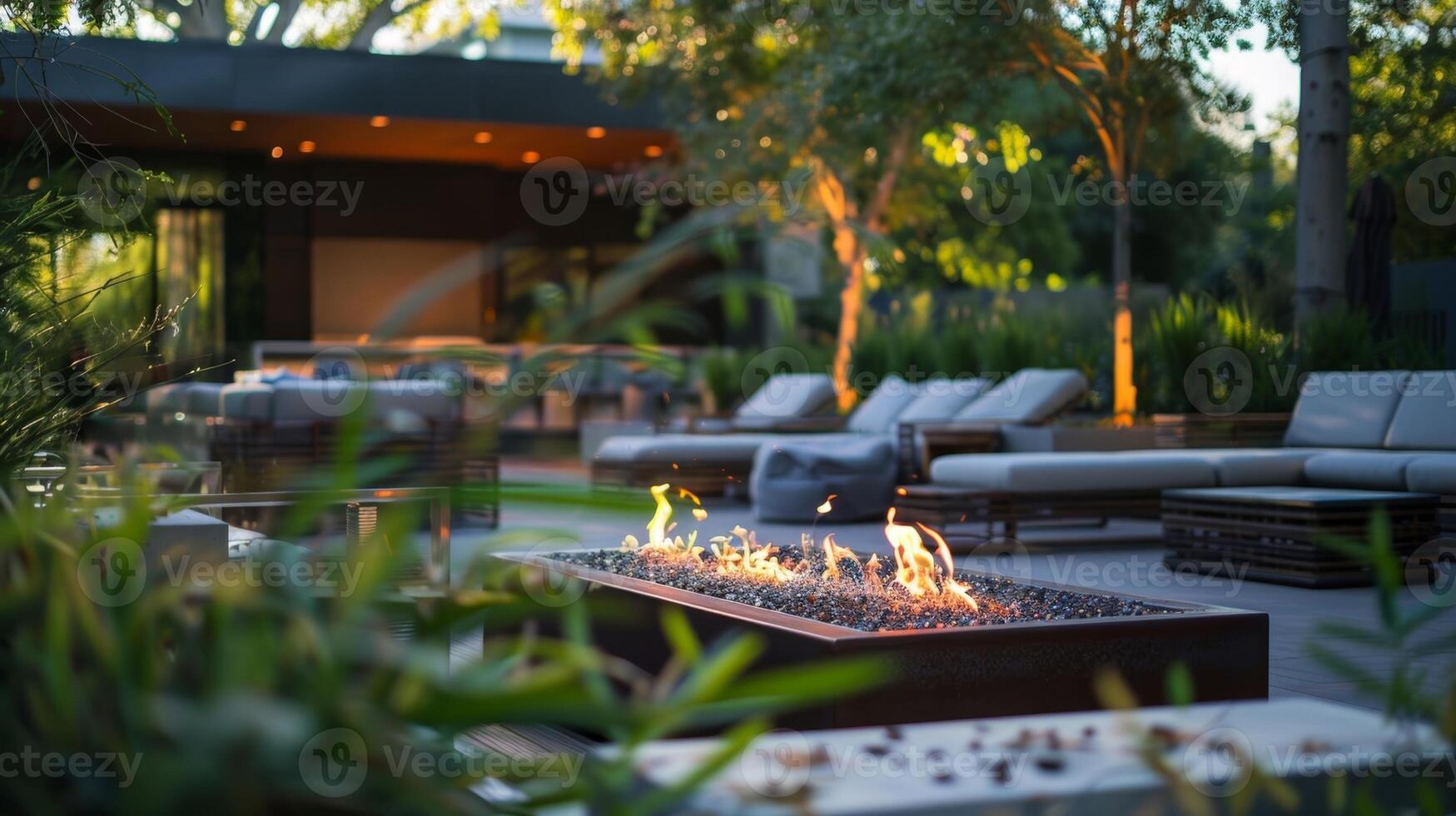 The modern and airy design of the fire pit area contrasts beautifully with the lush greenery surrounding it creating a serene oasis for relaxation. 2d flat cartoon photo