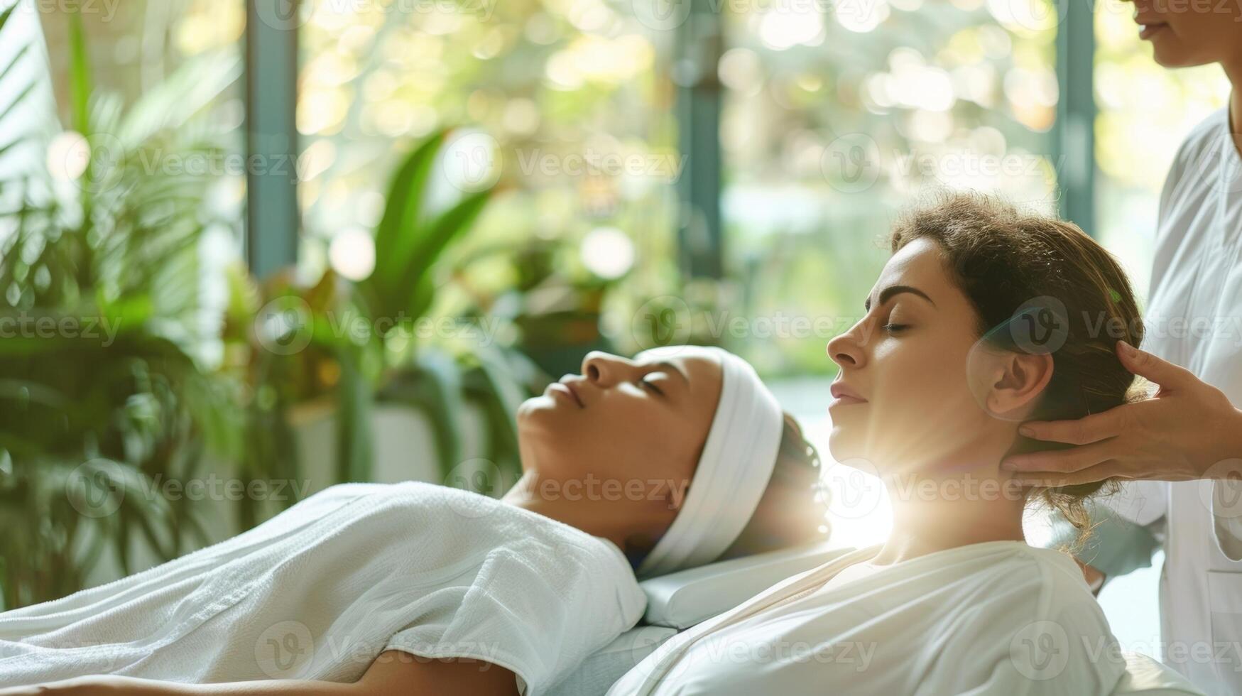 Two practitioners are working together one using an infrared sauna and the other performing reiki on a patient at the same time for a powerful combination of healing therapies. photo