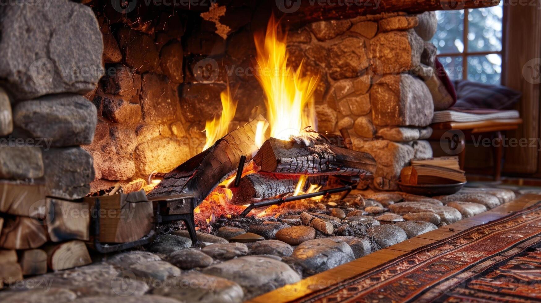 A crackling fire dances in the rustic fireplace bringing a sense of charm and relaxation to the countrystyle living room. 2d flat cartoon photo