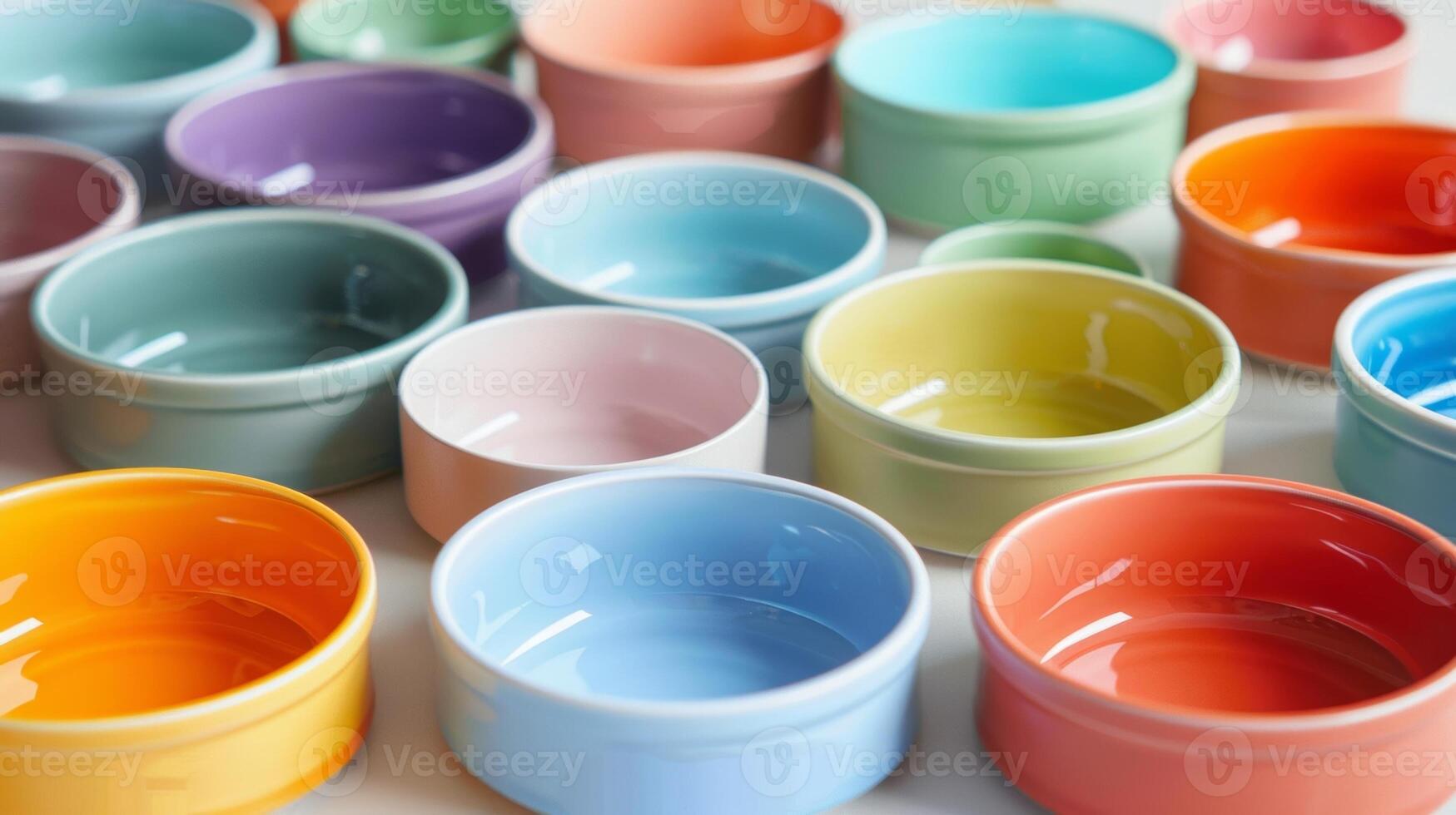 A group of ceramic pet bowls arranged in a rainbow pattern showcasing the wide range of colors available for customization and how they can add a touch of fun to mealtime. photo