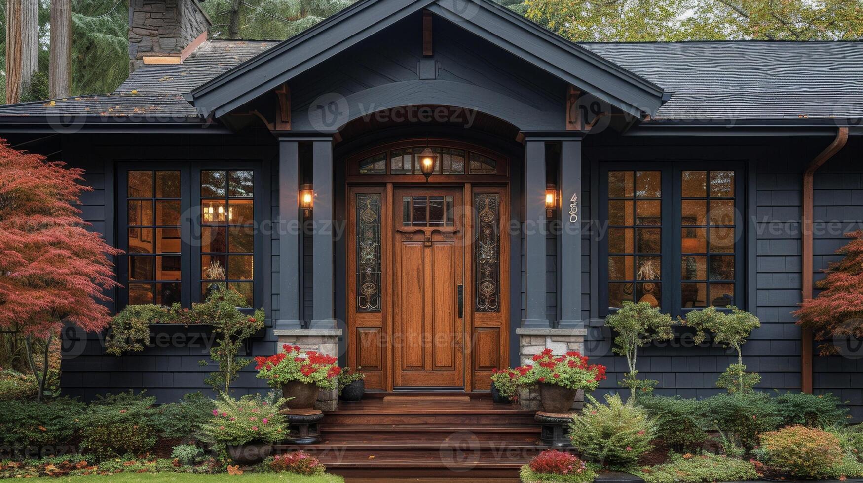 An image of a restored front door on a bungalowstyle home with handcrafted leaded glass panels and an iconic 1920s door adding character and charm to the entryway photo