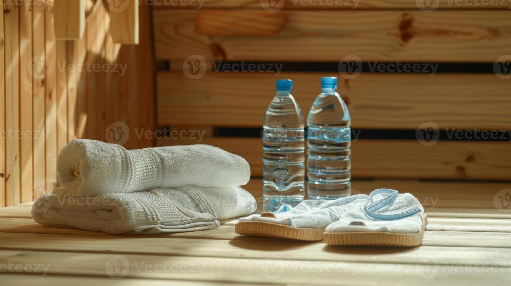 A towel a bottle of water and a pair of slippers laid out in front of a sauna ready for use. photo