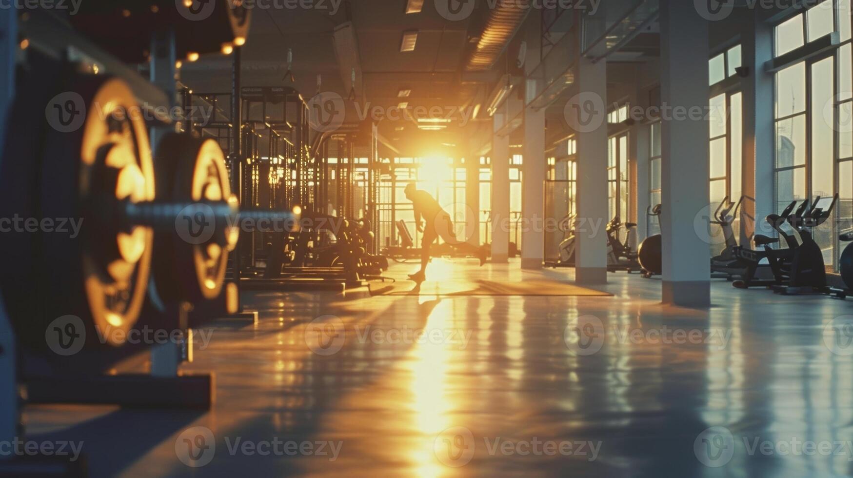 A person lifting weights in a bright and spacious gym with motivational quotes on the walls photo