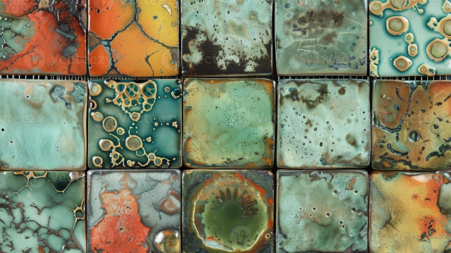 A set of decorative tiles each one showcasing a unique combination of fused clay and glass perfect for adding a touch of personality and color to a kitchen or bathroom. photo