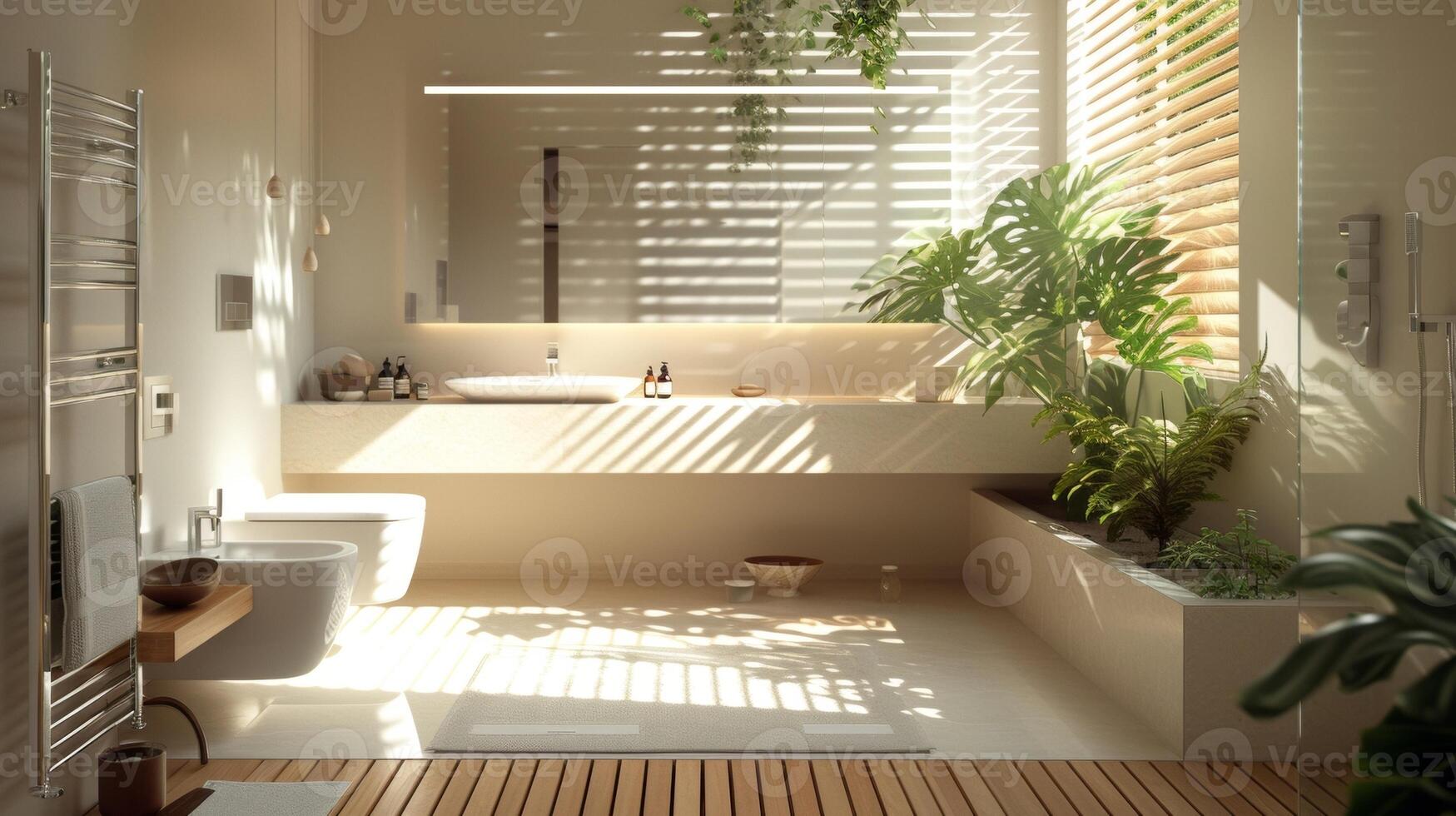 A minimalist bathroom with a monochromatic color scheme and a floating shelf vanity highlighting a chrome grab bar next to the for added peace of mind photo