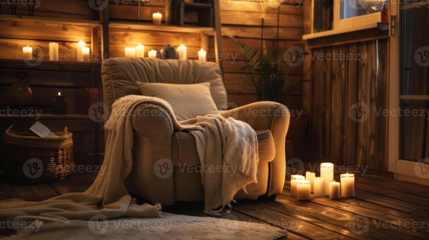 A cozy reading nook complete with a comfortable armchair surrounded by the soft ambiance of floating candles. 2d flat cartoon photo