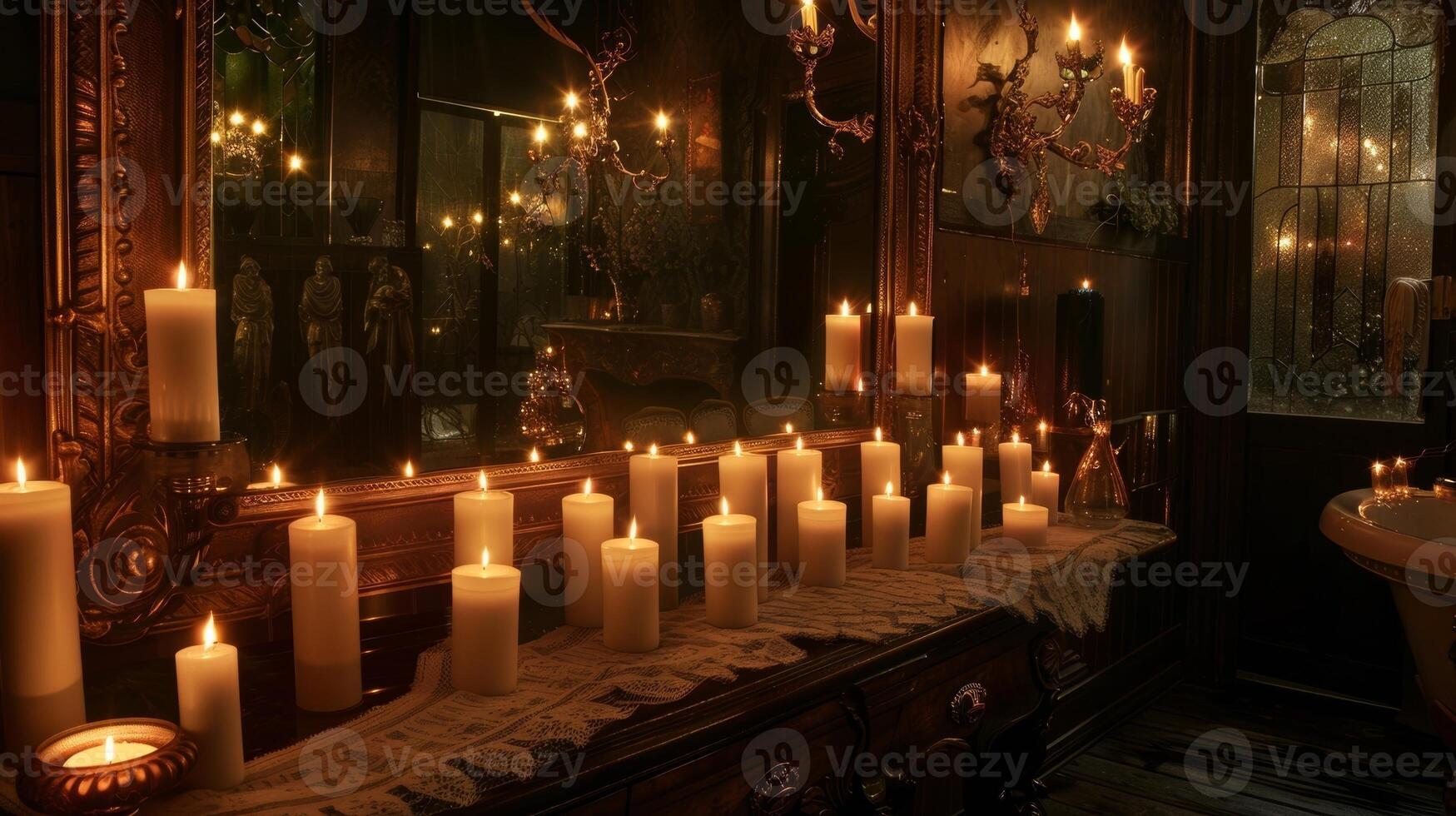 The flickering candles are reflected in ornate mirrors p strategically around the room adding depth and warmth to the space. 2d flat cartoon photo