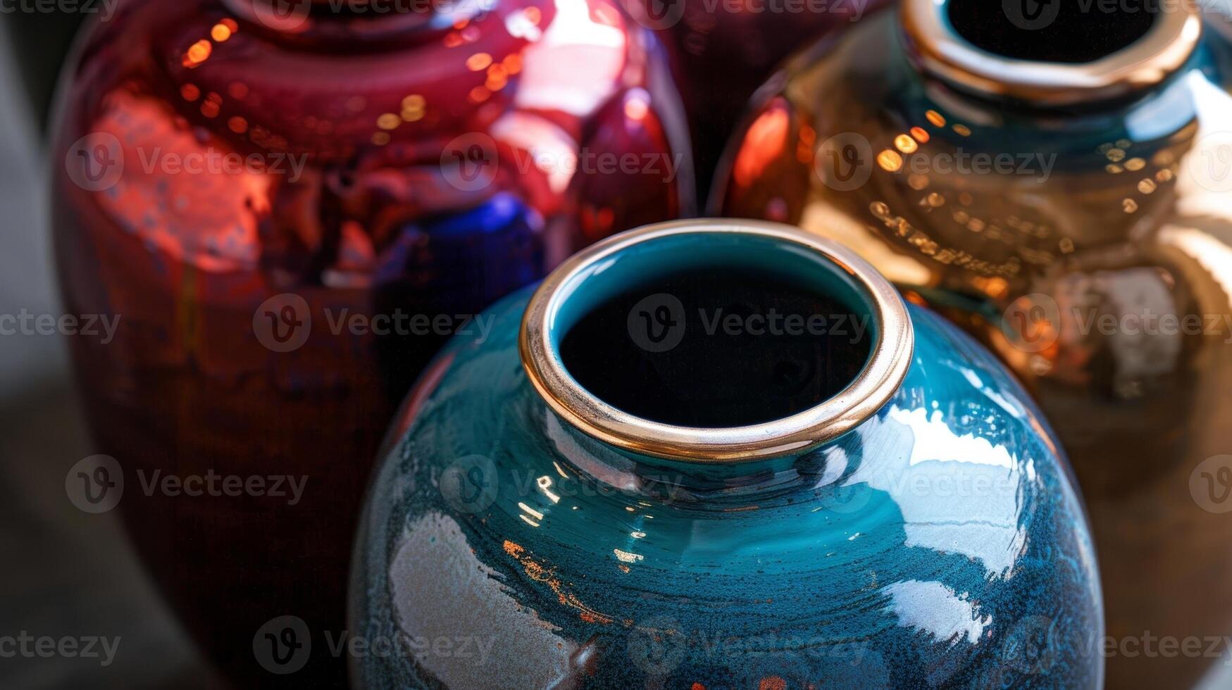 A set of glittering jeweltoned vases each one crafted with multiple layers of glaze in complementary colors to create a rich and luxurious appearance. photo