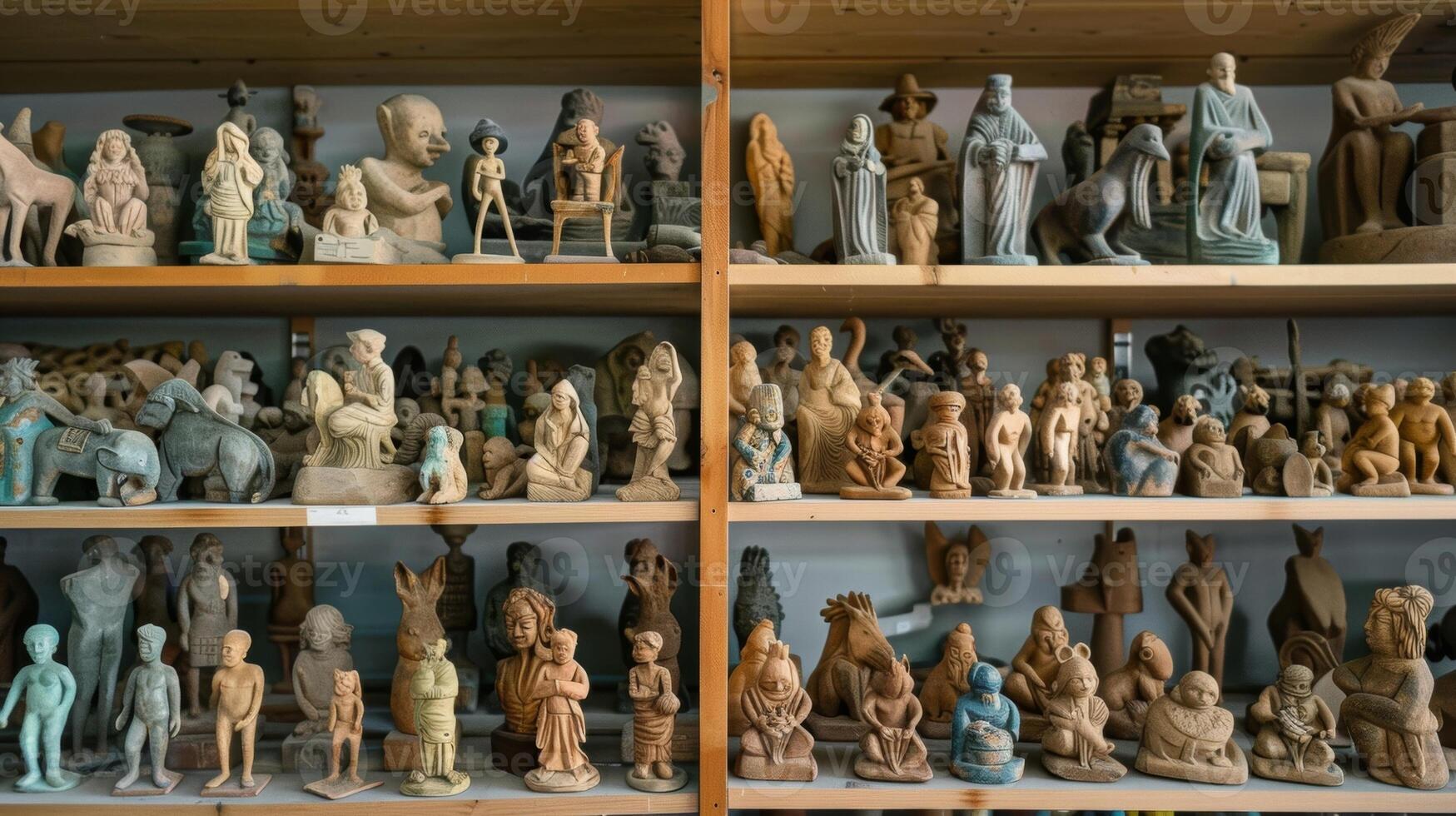 A shelf filled with handmade clay sculptures and figurines each one labeled with the specific sustainable clay source used in its creation. photo