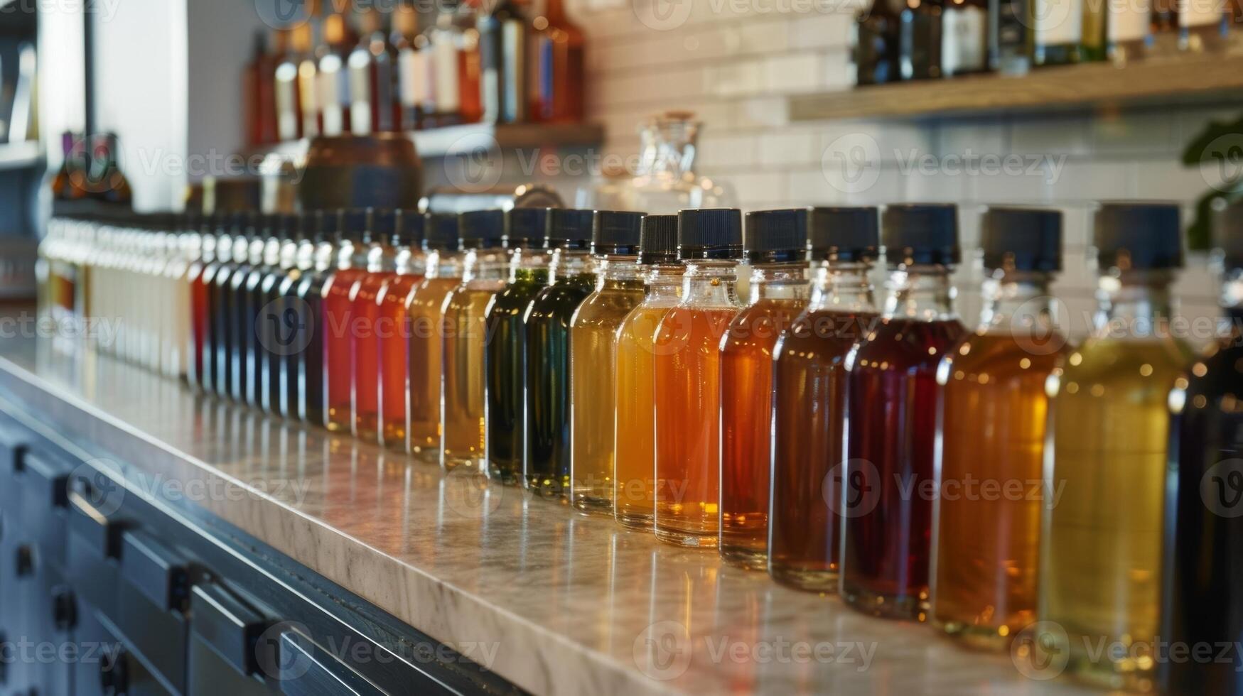 Bottles of various syrups and flad extracts line a countertop adding an array of flavors to the available mixology options photo