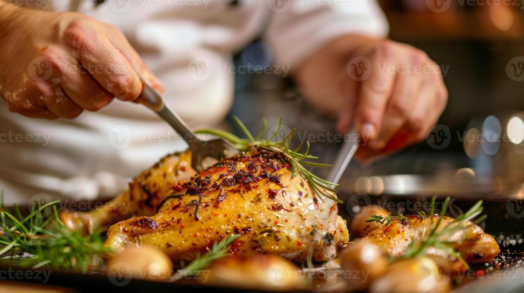 de cerca de un cocineros manos expertamente hilván un marinado pollo con un delicado orgánico Coco petróleo foto