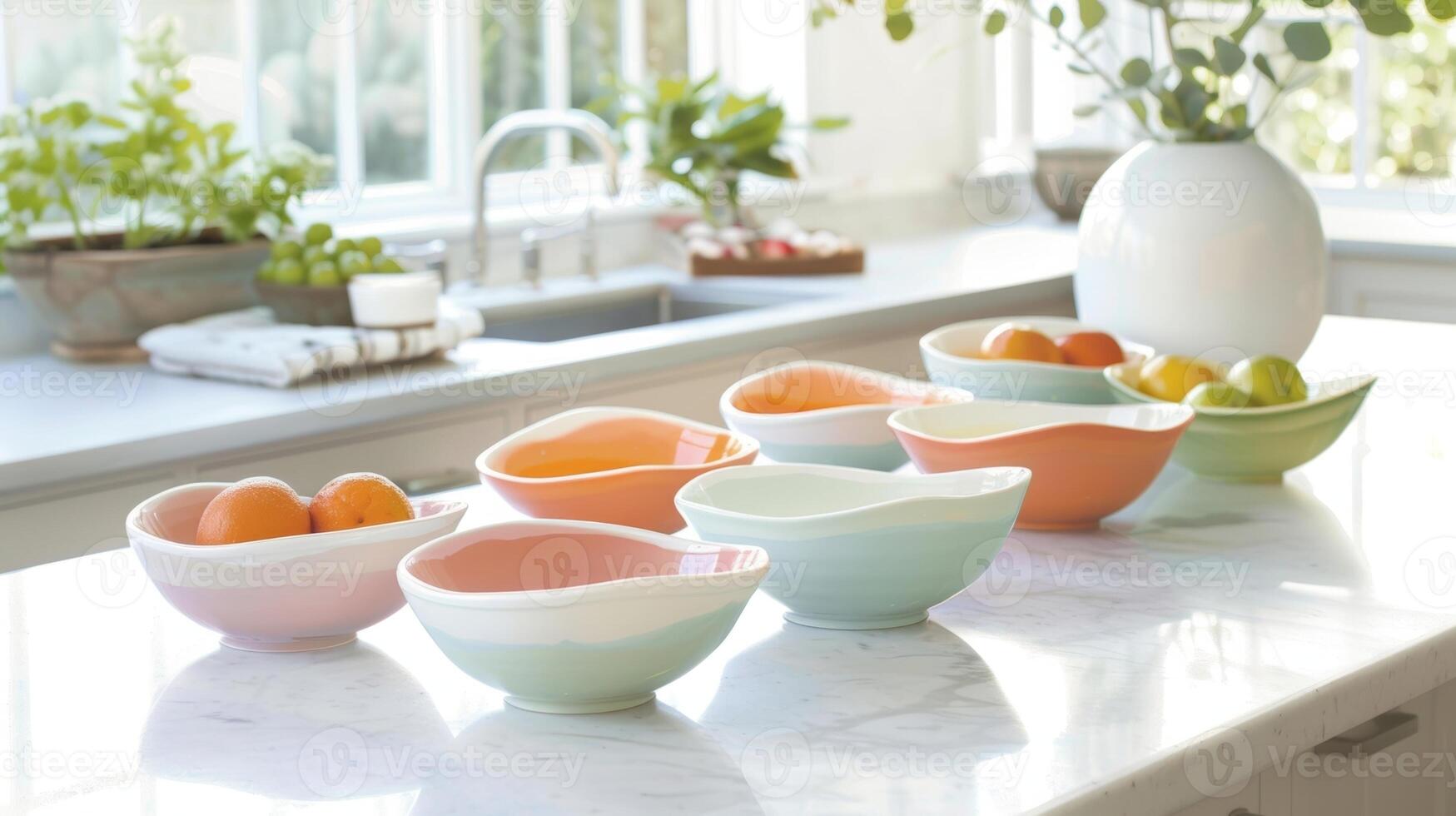 A set of ceramic fruit bowls in a gradient of pastel colors bringing a touch of whimsy to any kitchen counter. photo