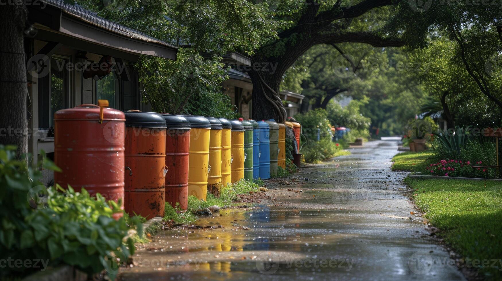 A series of rain barrels lined up against a house collecting rainwater that can later be used to nourish plants and reduce the need for municipal water usage photo