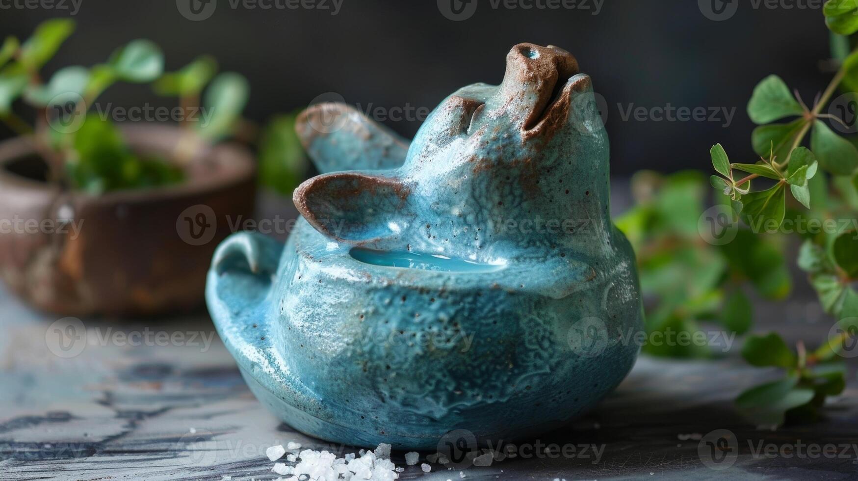 A unique salt pig container sculpted from clay and glazed with a bright blue hue designed to easily dispense salt while cooking. photo