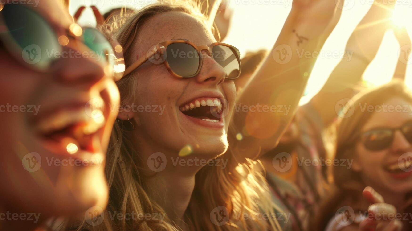 A group of strangers at a music festival bonding over their love for live music and singing along to the performances photo