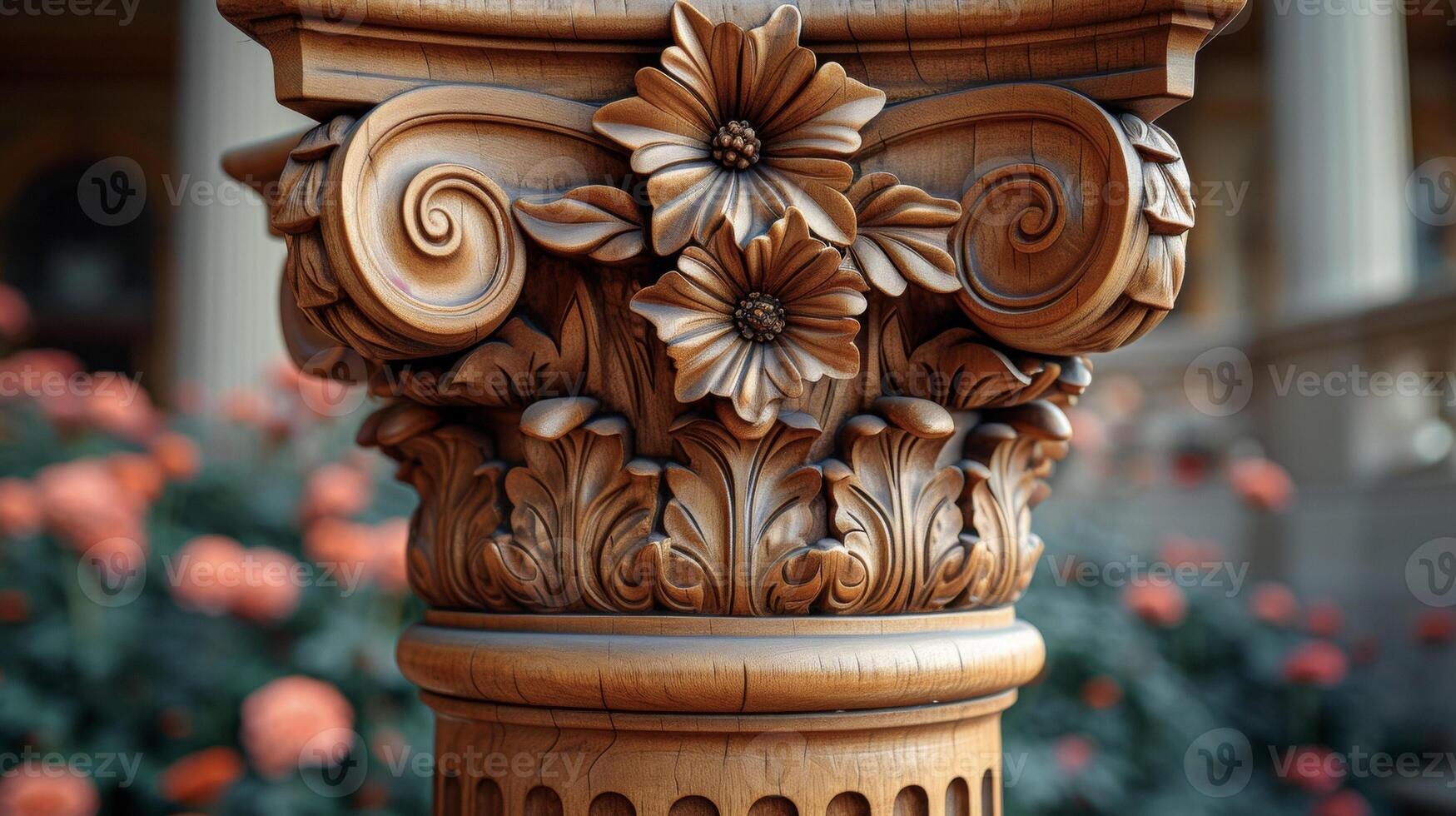 The intricate details of a carved wooden column with handpainted accents adding warmth and character to a homes interior design photo