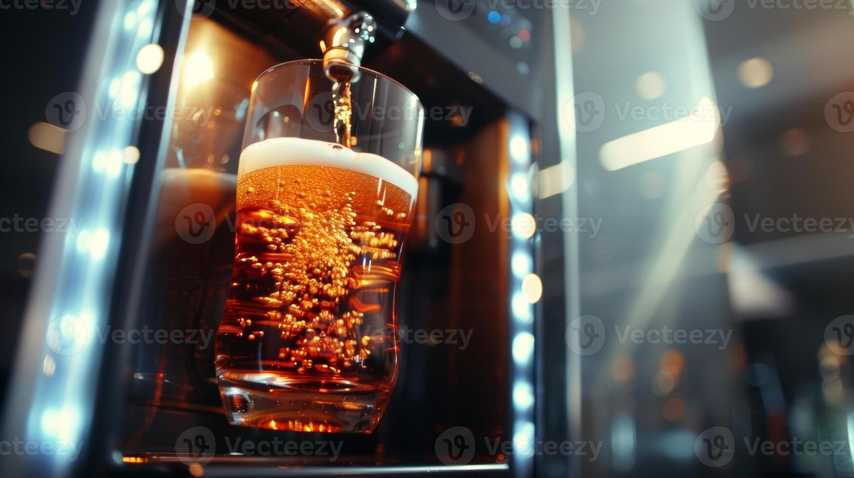 A glass of rich goldenhued beer being poured from a custom tap attached to a futuristic hightech kegerator photo